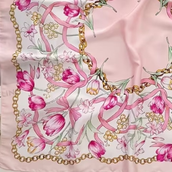 Pink Tulips & Floral with Chain Print Silky Scarf - Picture 7 of 7